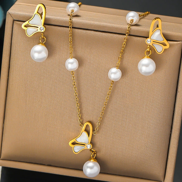 Retro Pearl Flower Geometric Irregular Women's Jewelry Set With Snake Bone Chain Stainless Steel Electroplated