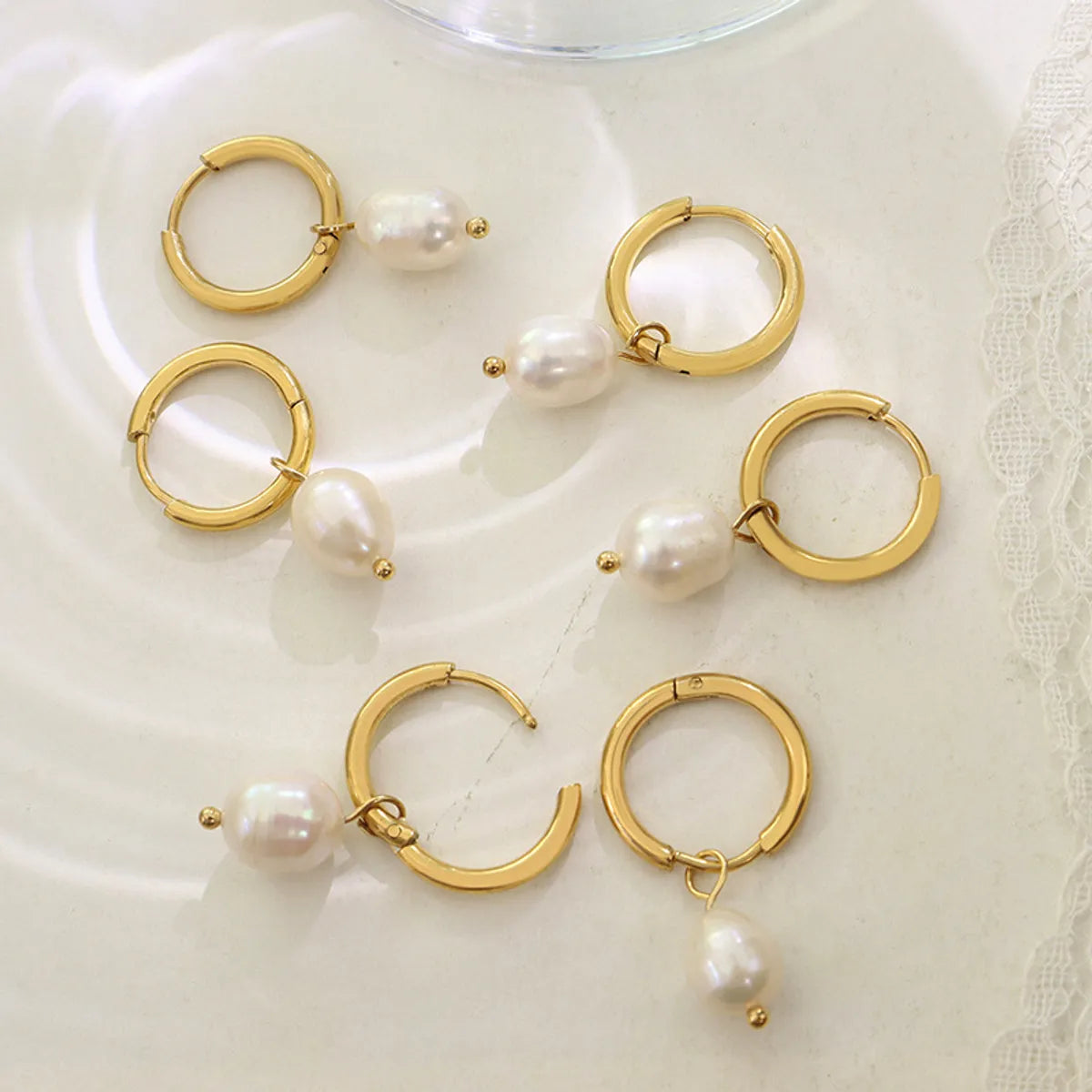 Retro Freshwater Pearl Titanium Steel Plating 18k Gold Plated Hoop Earrings Drop Earrings