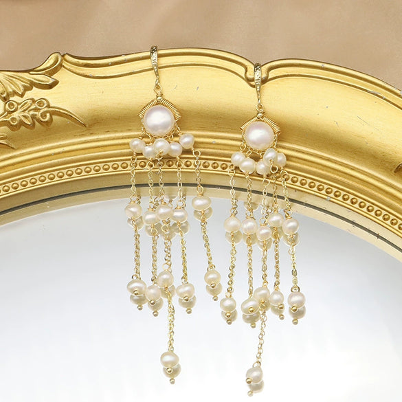Retro Pearl Tassel Earrings For Women Geometric Court Style Electroplated High Quality Ear Jewelry