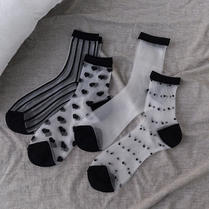 Retro Polka Dot Love Vertical Strips Glass Silk Card Silk Socks Women'S Tube Socks Wholesale