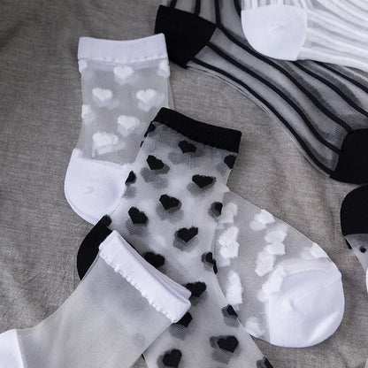 Retro Polka Dot Love Vertical Strips Glass Silk Card Silk Socks Women'S Tube Socks Wholesale