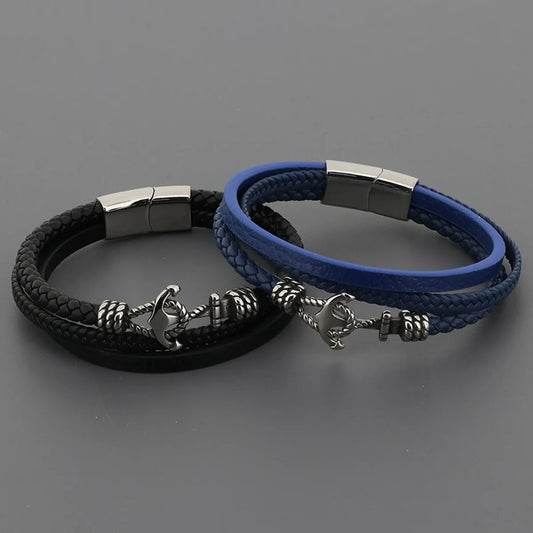 Retro Punk Anchor Pu Leather Titanium Steel Knitting Unisex Wristband