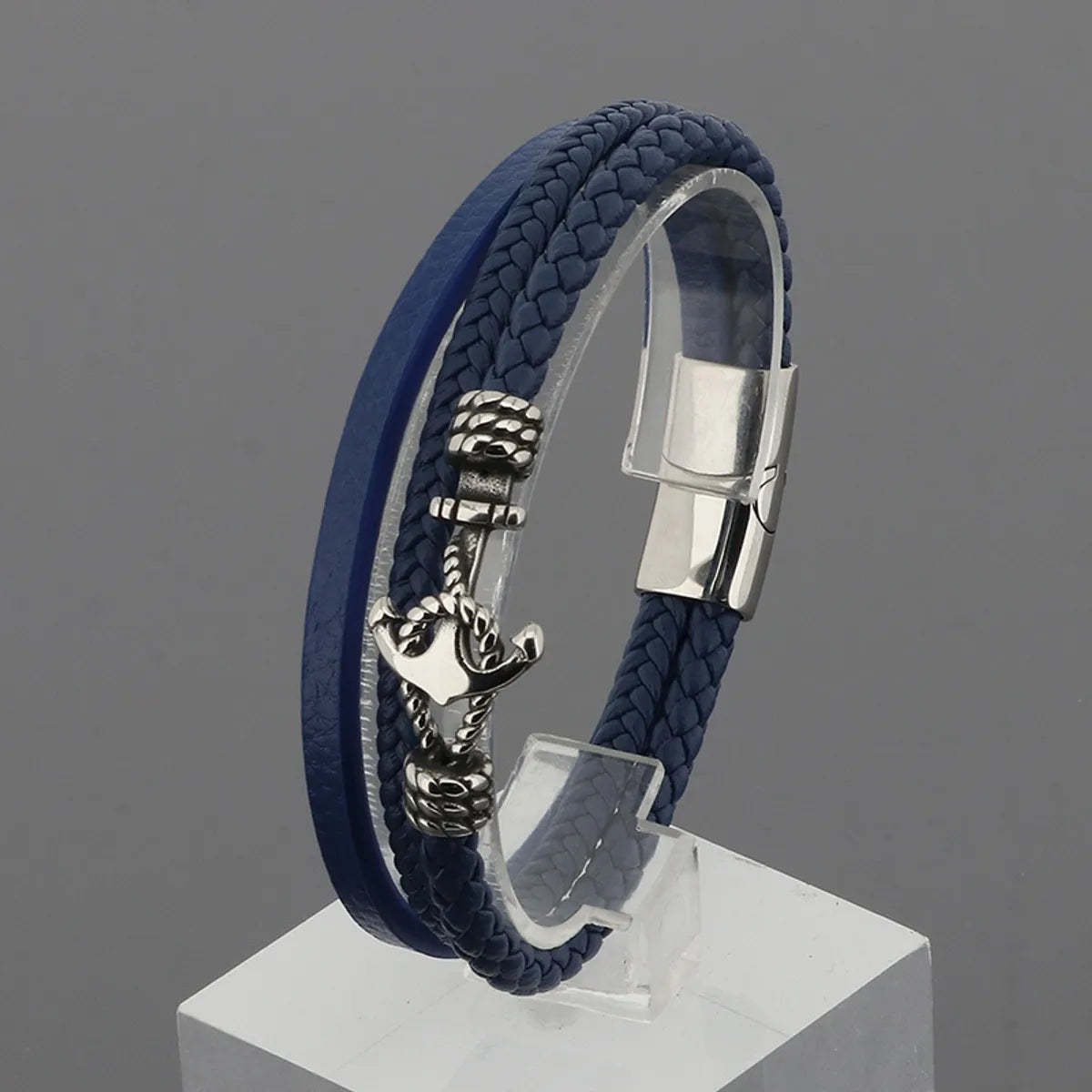 Retro Punk Anchor Pu Leather Titanium Steel Knitting Unisex Wristband