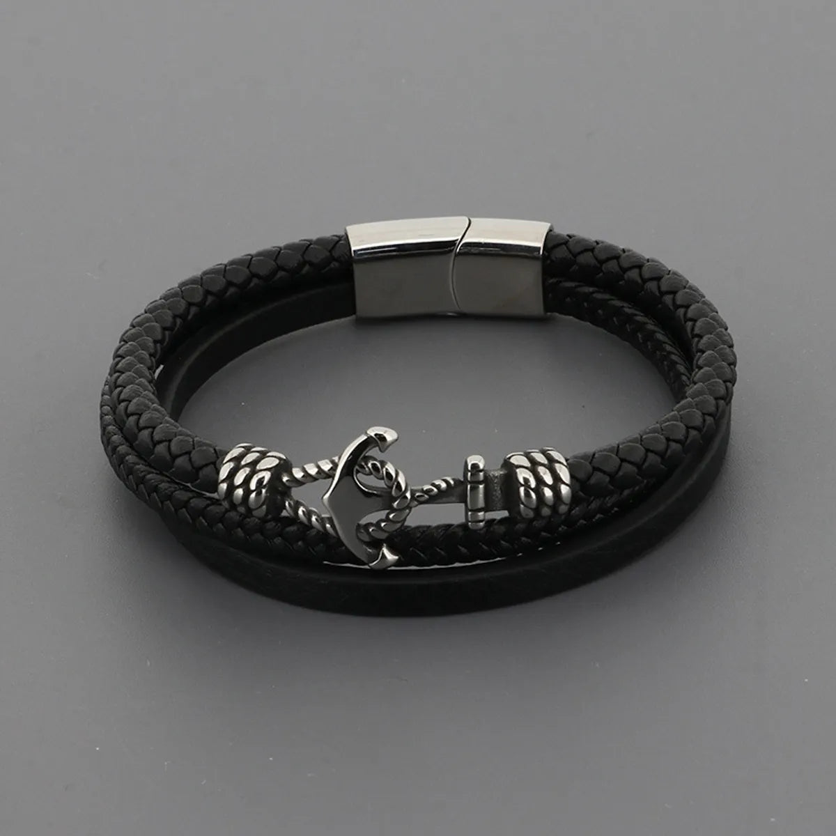 Retro Punk Anchor Pu Leather Titanium Steel Knitting Unisex Wristband