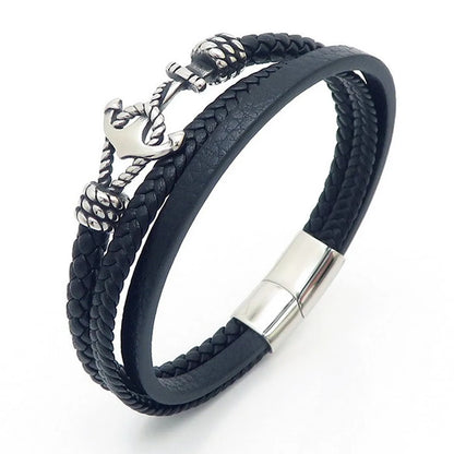 Retro Punk Anchor Pu Leather Titanium Steel Knitting Unisex Wristband