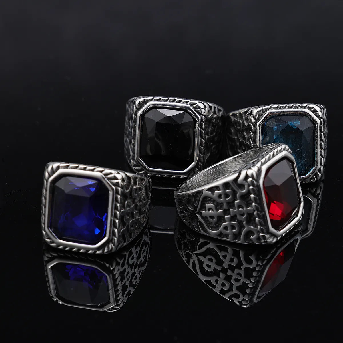 Retro Punk Color Block 304 Stainless Steel Polishing Inlay Gem Men'S Wide Band Rings