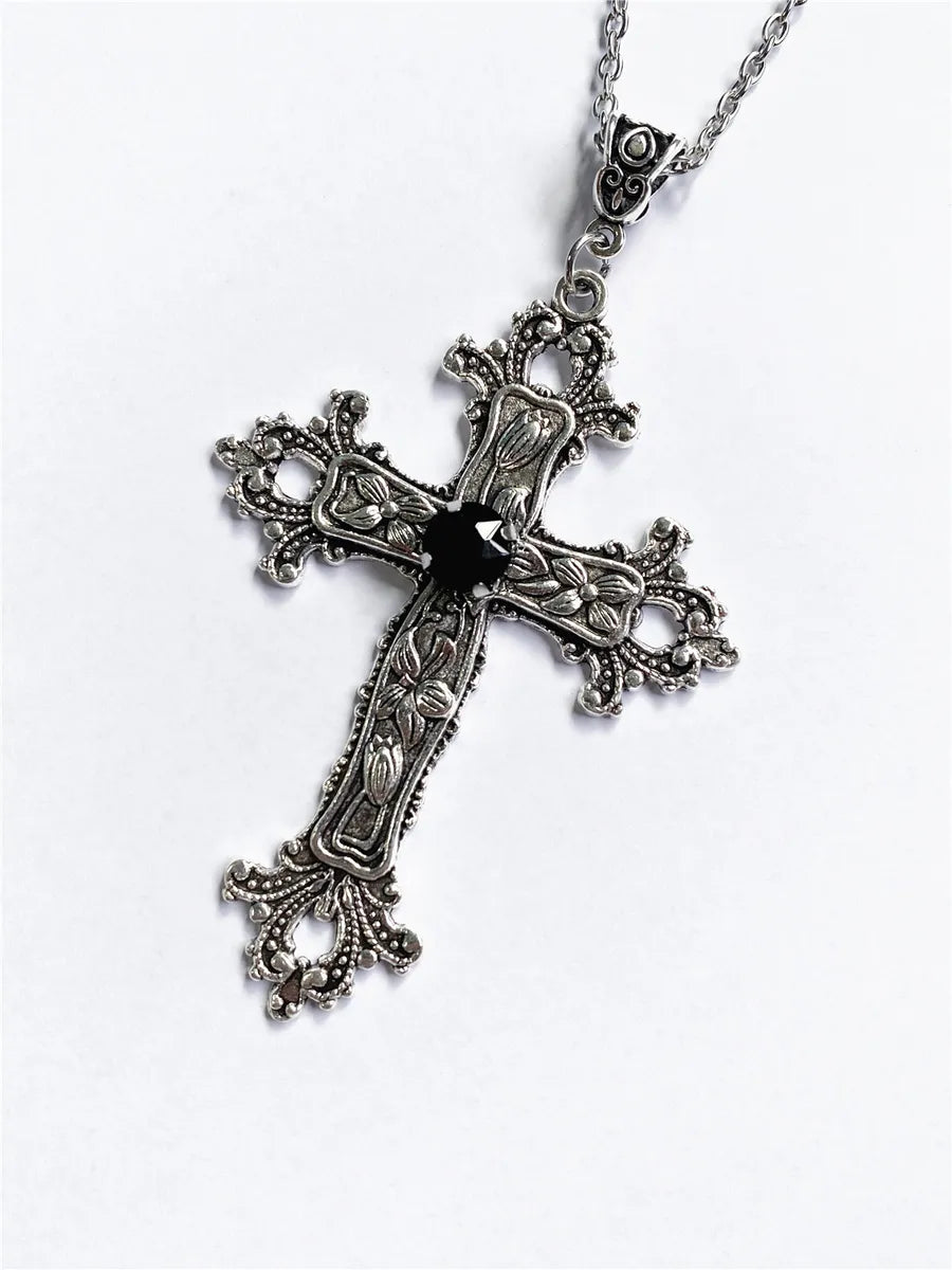 Retro Punk Cross Alloy Inlay Gem Unisex Pendant Necklace