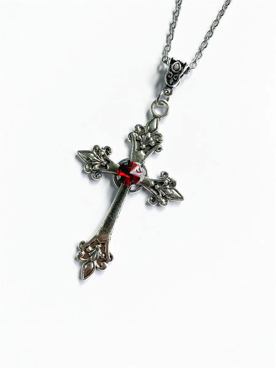 Retro Punk Cross Alloy Inlay Gem Unisex Pendant Necklace