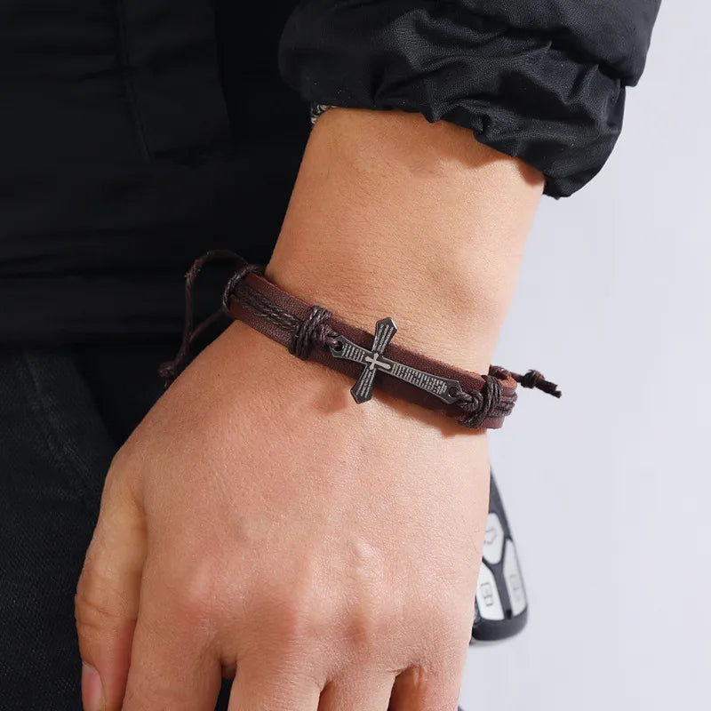 Retro Punk Cross Alloy Rope Drawstring Men'S Bracelets