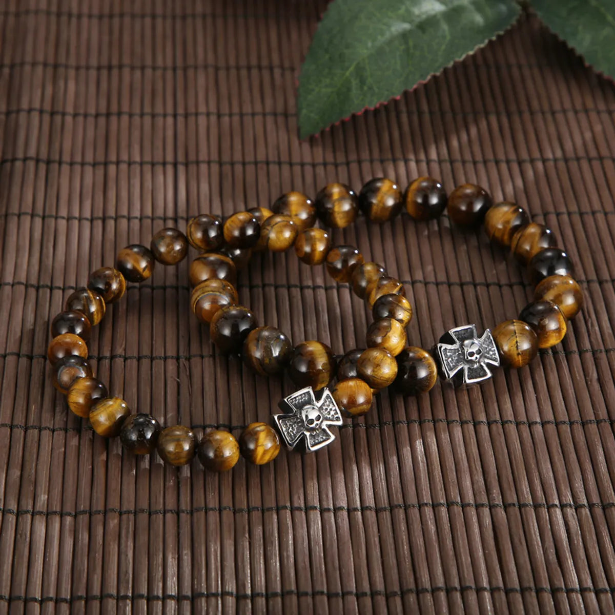 Retro Punk Cross Skull Stainless Steel Agate Tiger Eye Beaded Unisex Bracelets