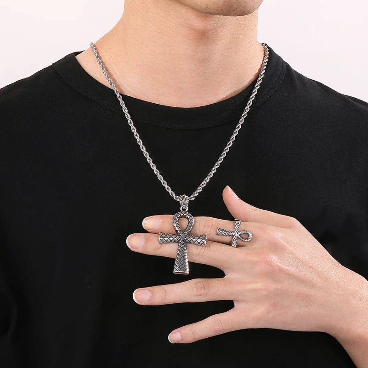 Titanium Steel 18K Gold Plated Retro Punk Cross Rings Necklace