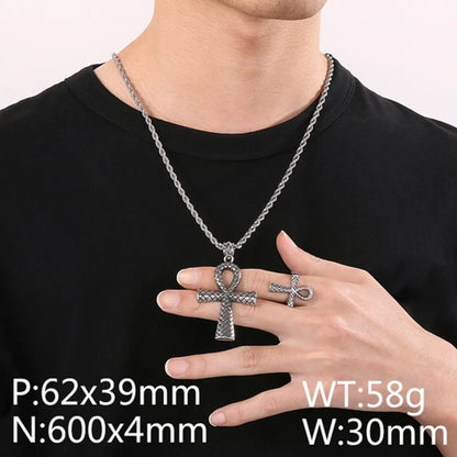 Titanium Steel 18K Gold Plated Retro Punk Cross Rings Necklace