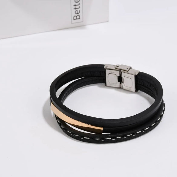 Retro Punk Geometric 201 Stainless Steel Pu Leather Unisex Wristband Men Cord & Leather Bracelets