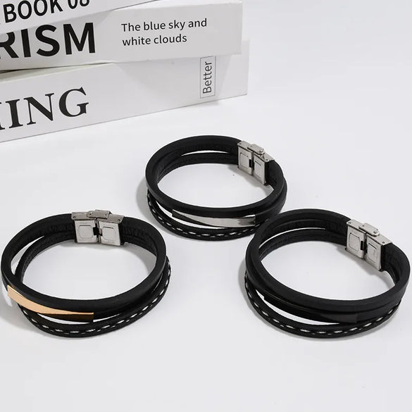 Retro Punk Geometric 201 Stainless Steel Pu Leather Unisex Wristband Men Cord & Leather Bracelets