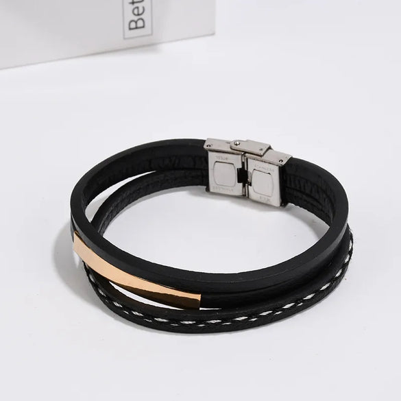 Retro Punk Geometric 201 Stainless Steel Pu Leather Unisex Wristband Men Cord & Leather Bracelets