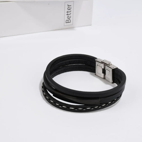 Retro Punk Geometric 201 Stainless Steel Pu Leather Unisex Wristband Men Cord & Leather Bracelets