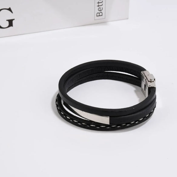 Retro Punk Geometric 201 Stainless Steel Pu Leather Unisex Wristband Men Cord & Leather Bracelets