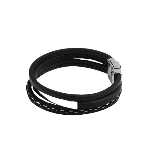 Retro Punk Geometric 201 Stainless Steel Pu Leather Unisex Wristband Men Cord & Leather Bracelets