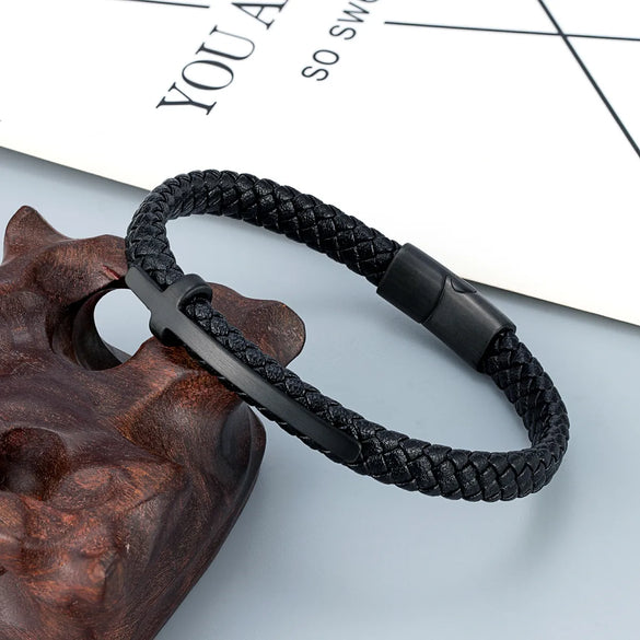Retro Punk Geometric 316L Stainless Steel  Leather Men'S Wristband Men Cord & Leather Bracelets