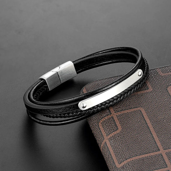Retro Punk Geometric 316L Stainless Steel  Leather Plating Men'S Wristband Men Cord & Leather Bracelets