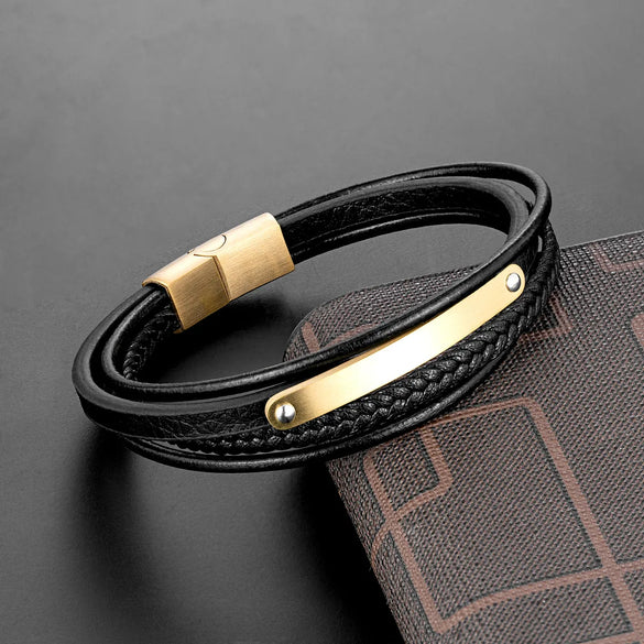 Retro Punk Geometric 316L Stainless Steel  Leather Plating Men'S Wristband Men Cord & Leather Bracelets