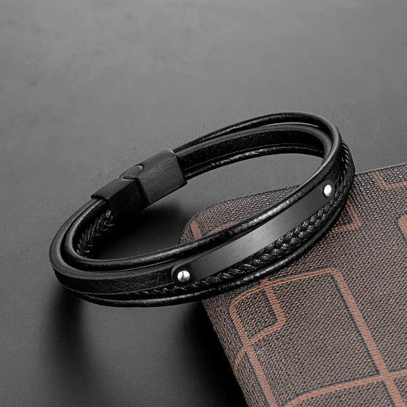 Retro Punk Geometric 316L Stainless Steel  Leather Plating Men'S Wristband Men Cord & Leather Bracelets