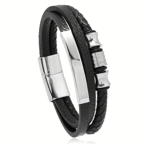 Retro Punk Geometric Pu Leather Alloy Titanium Steel Men'S Bracelets Men Cord & Leather Bracelets
