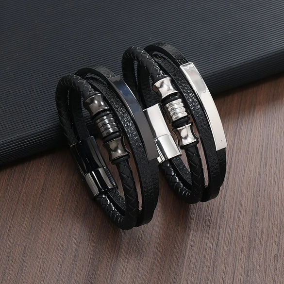 Retro Punk Geometric Pu Leather Alloy Titanium Steel Men'S Bracelets Men Cord & Leather Bracelets