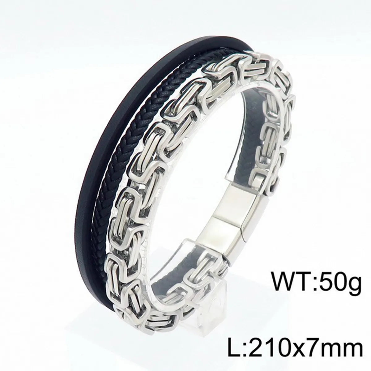 Retro Punk Geometric Pu Leather Titanium Steel Braid Chain Men'S Bangle