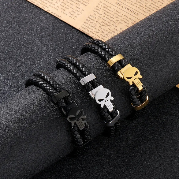 Retro Punk Geometric Pu Leather Titanium Steel Braid Men'S Bangle
