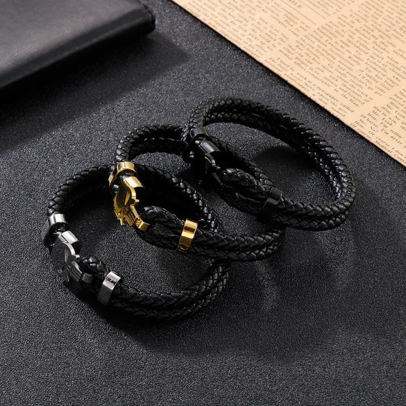 Retro Punk Geometric Pu Leather Titanium Steel Braid Men'S Bangle