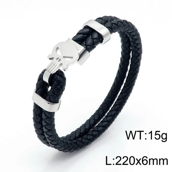 Retro Punk Geometric Pu Leather Titanium Steel Braid Men'S Bangle