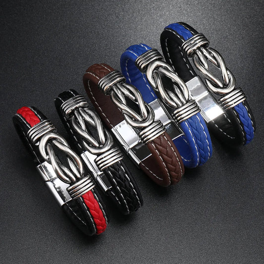 Retro Punk Geometric Stainless Steel Pu Leather Alloy Braid Men'S Wristband