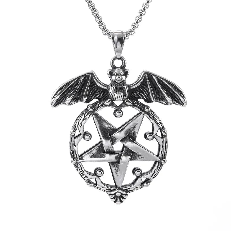 Retro Punk Pentagram Bat Skull 304 Stainless Steel Carving Halloween Men'S