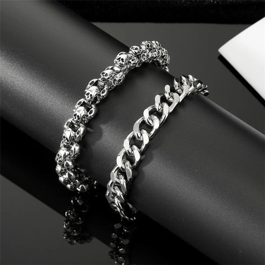 Retro Punk Skull Ancient Silver Thick Chain Alloy Bracelet Wholesale