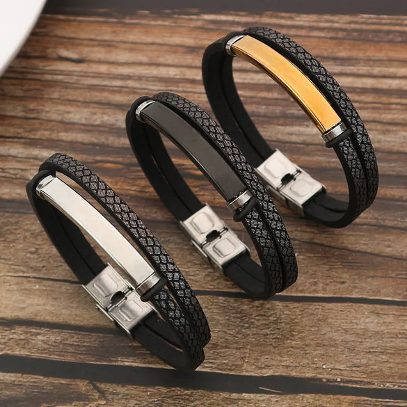 Retro Punk Solid Color 304 Stainless Steel Pu Leather Men'S Bangle Men Cord & Leather Bracelets