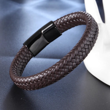 Retro Punk Solid Color Stainless Steel Pu Leather Braid Handmade None Men'S Bangle