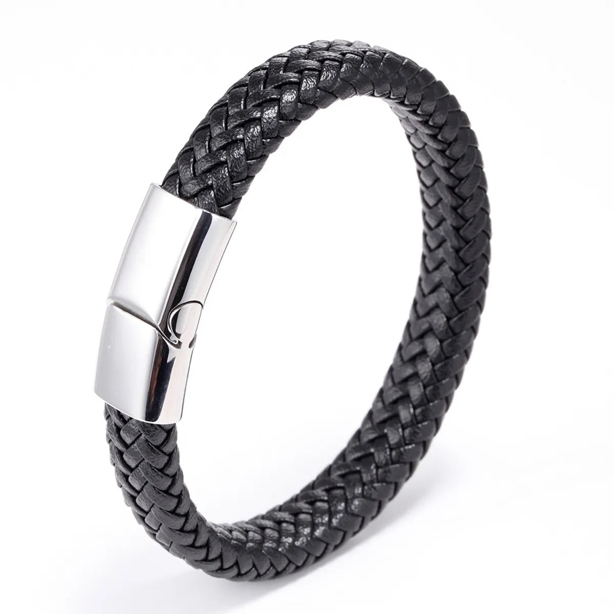 Retro Punk Solid Color Stainless Steel Pu Leather Braid Handmade None Men'S Bangle