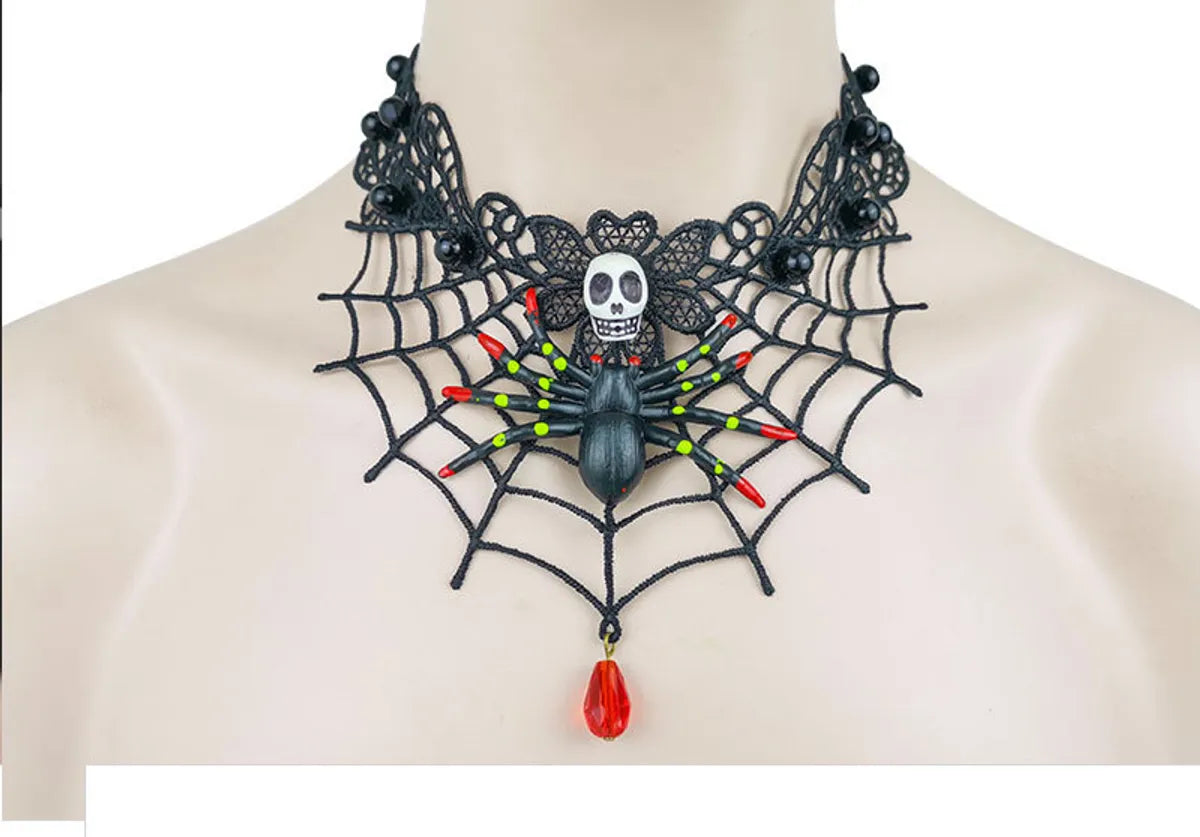 Retro Punk Spider Skull Artificial Crystal Alloy Lace Halloween Women'S Necklace