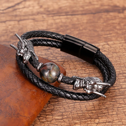 Retro Punk Streetwear Dragon Stainless Steel Stone Men'S Bracelets