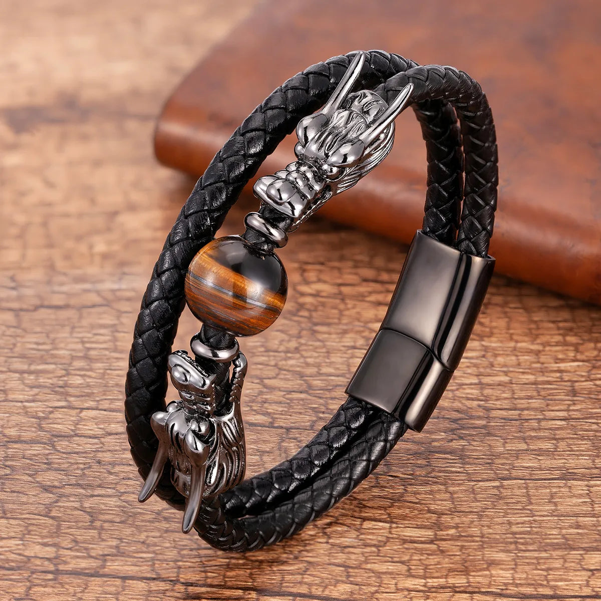 Retro Punk Streetwear Dragon Stainless Steel Stone Men'S Bracelets