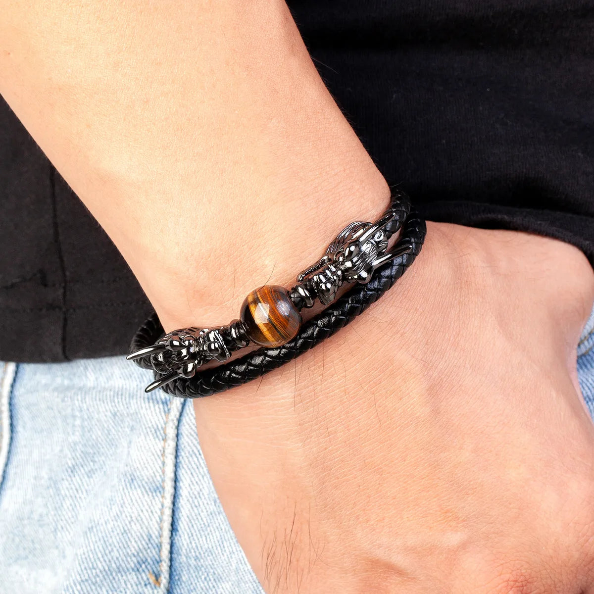 Retro Punk Streetwear Dragon Stainless Steel Stone Men'S Bracelets