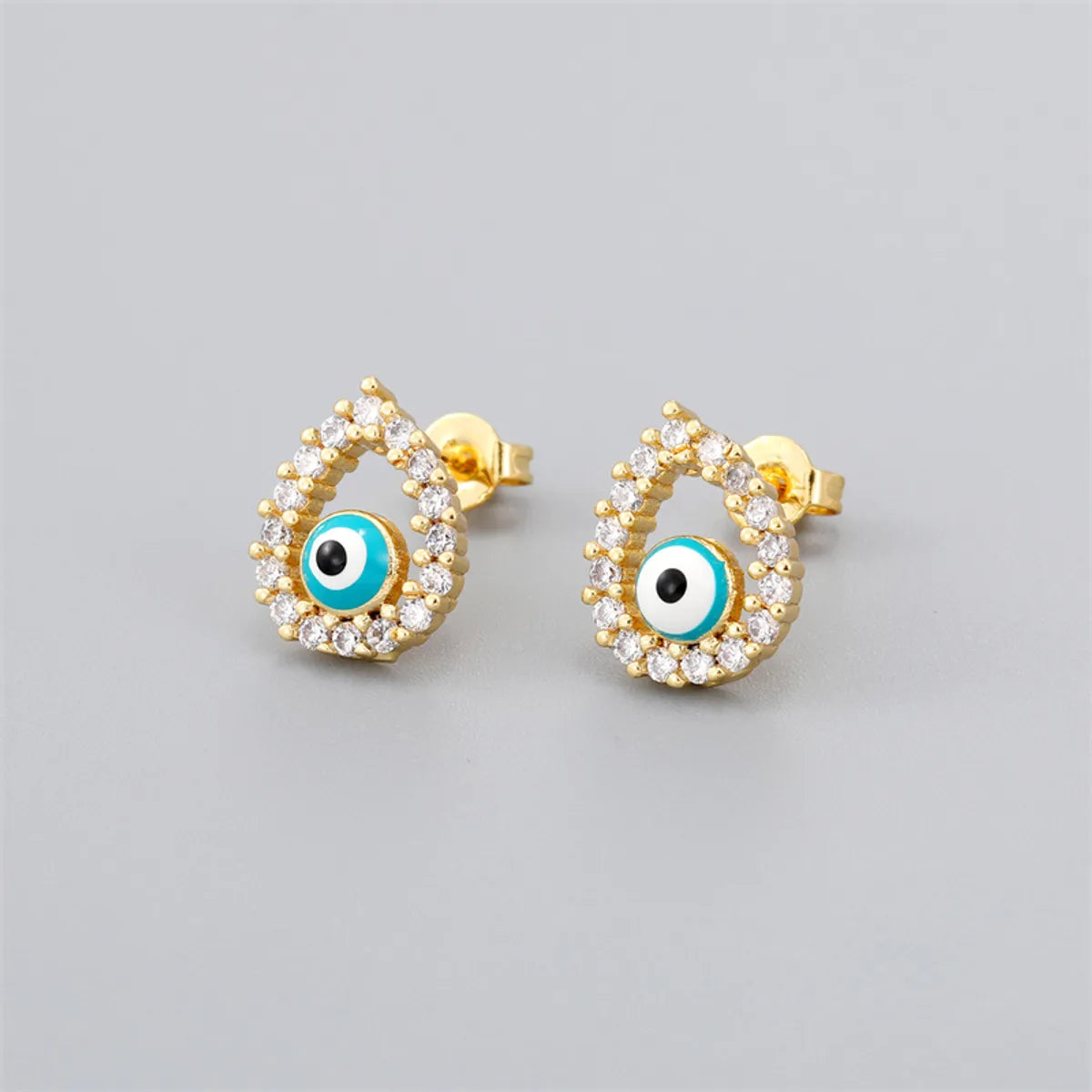 Retro Rabbit Devil's Eye Water Droplets Copper Enamel Zircon Gold Plated Ear Studs 1 Pair