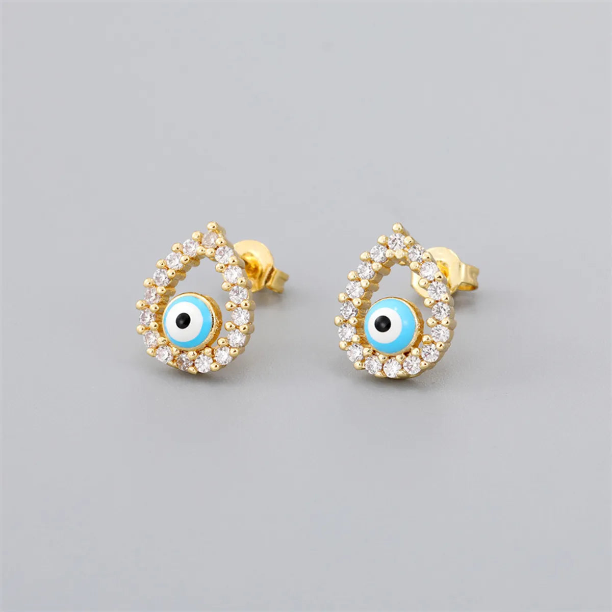 Retro Rabbit Devil's Eye Water Droplets Copper Enamel Zircon Gold Plated Ear Studs 1 Pair