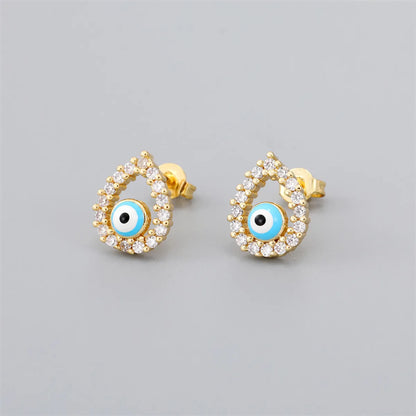 Retro Rabbit Devil's Eye Water Droplets Copper Enamel Zircon Gold Plated Ear Studs 1 Pair