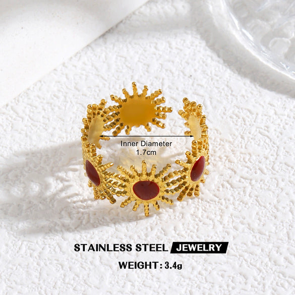 Retro Red Oil Drip Stainless Steel Ring For Women With Heart Flower Design Geometric Line Pattern And Electroplated Finish
