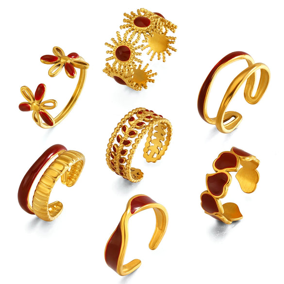 Retro Red Oil Drip Stainless Steel Ring For Women With Heart Flower Design Geometric Line Pattern And Electroplated Finish