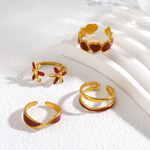 Retro Red Oil Drip Stainless Steel Ring For Women With Heart Flower Design Geometric Line Pattern And Electroplated Finish
