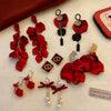 Retro Red Rose Petal Acrylic Earrings Flower Shape Festive Ear Studs