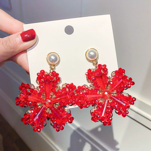Retro Red Rose Petal Acrylic Earrings Flower Shape Festive Ear Studs